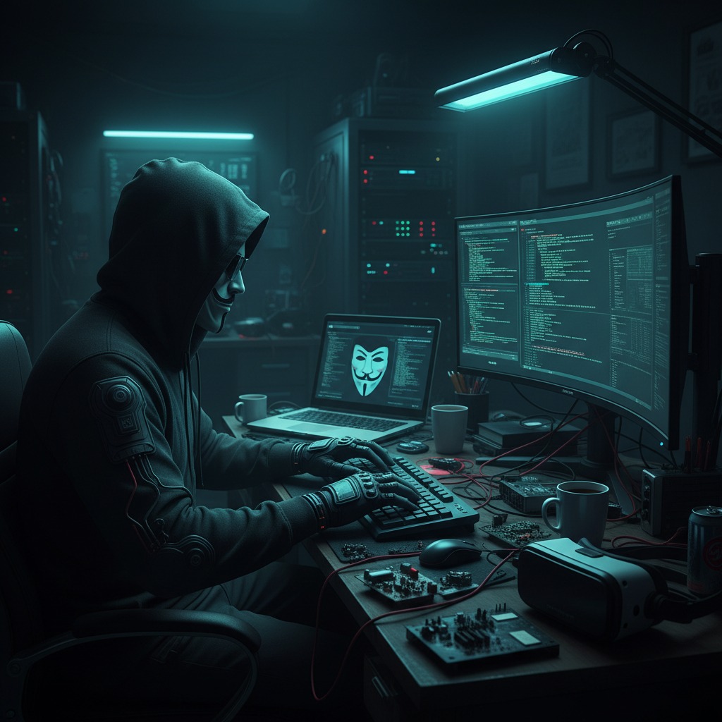 Pessoa usando máscara de Guy Fawkes e capuz, digitando em um computador em um escritório escuro com iluminação azulada.